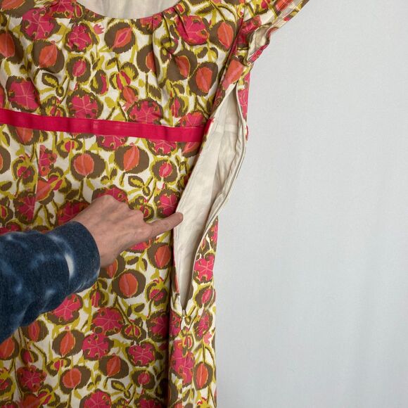 Boden Gold Pink Floral Scoop-Neck Cap-Sleeves Empyre-Waist Fully Lined Size US6R - Picture 9 of 10